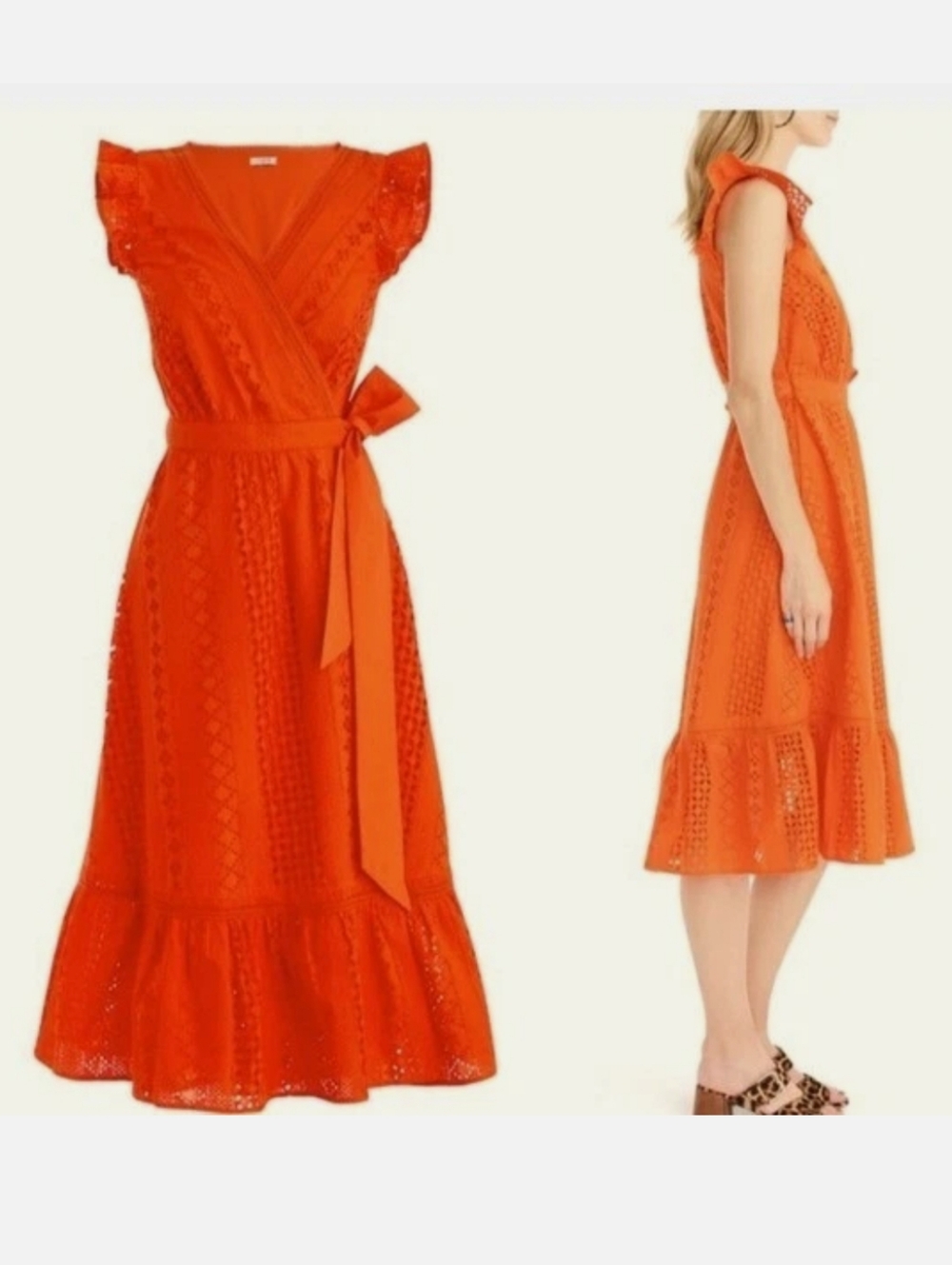 J. Crew Orange Eyelet Wrap Midi Dress with Waist Tie - Picture 3 of 12